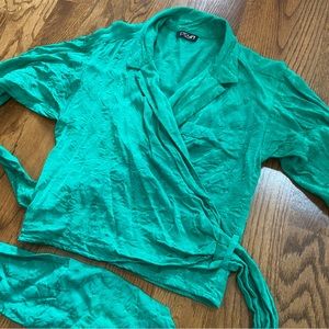 Kelly Green Satin Wrap Top/Blouse going out top Anthropologie